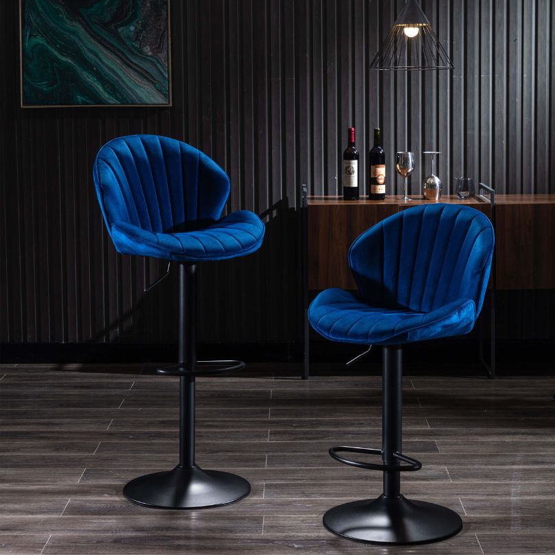 Modern Blue Velvet Bar Stools With Adjustable Base CharmyDecor