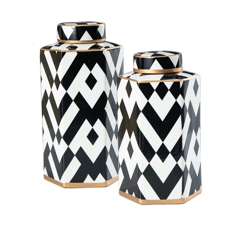 Modern Geometric Black and White Striped Storage Jar - CharmyDecor